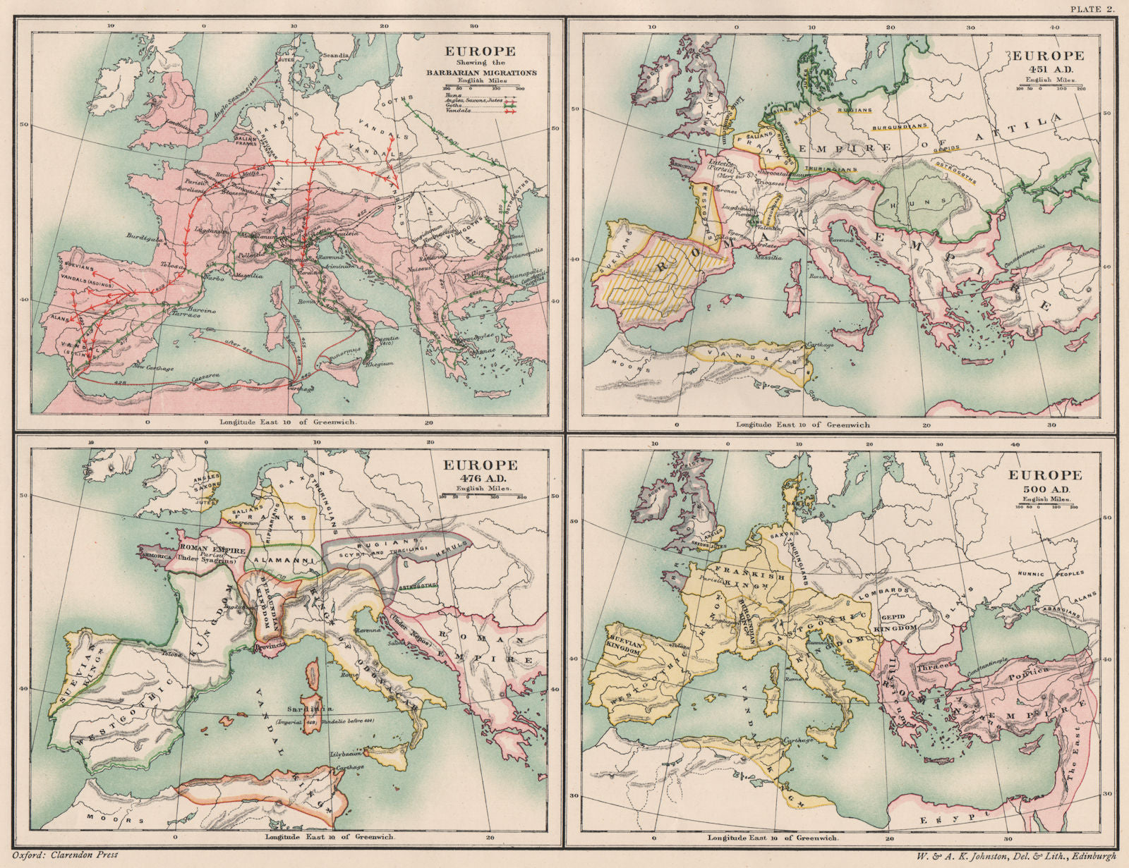 DARK AGES EUROPE. Barbarian Migrations; 451 476 500 AD. 5th century 1902 map